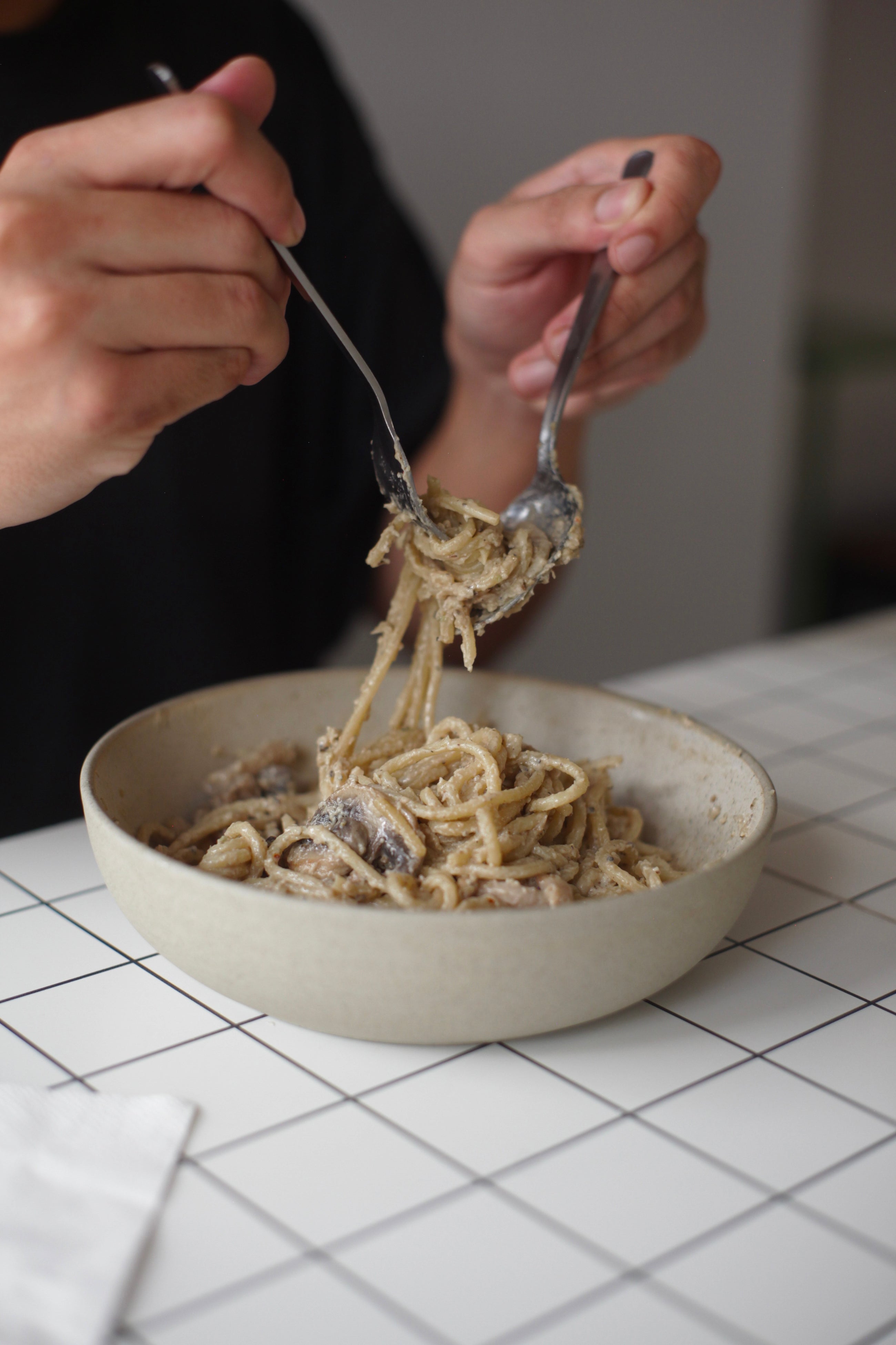 Spaghetti Alla Funghi Miso With Cream Sauce