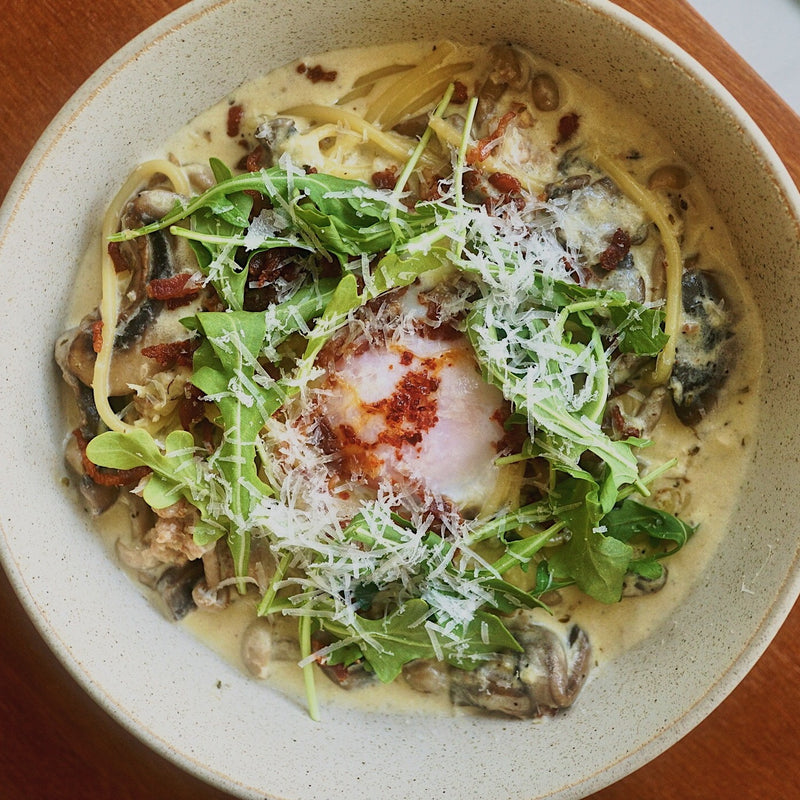 Bacon Carbonara With Creamy Soju & Slow Cooked Egg